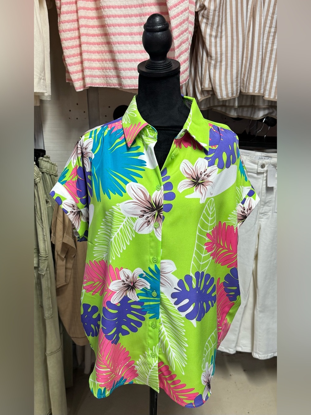 JODIFL Pink and Lime Green Tropical Print Top